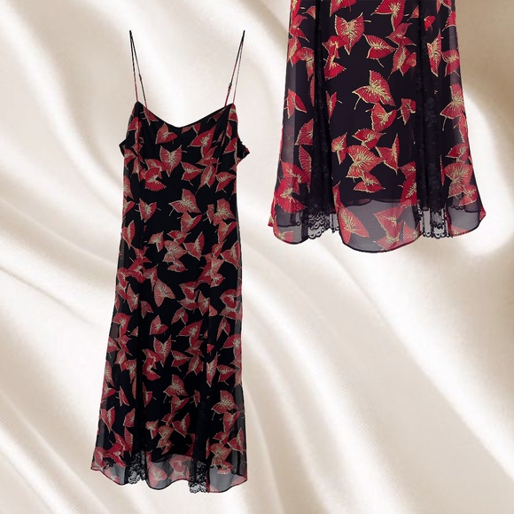 Betsey Johnson Dresses & Skirts - BETSEY JOHNSON Rare Black Label 90s Black Leaf Lace Midi Dress 100% Silk Size 8